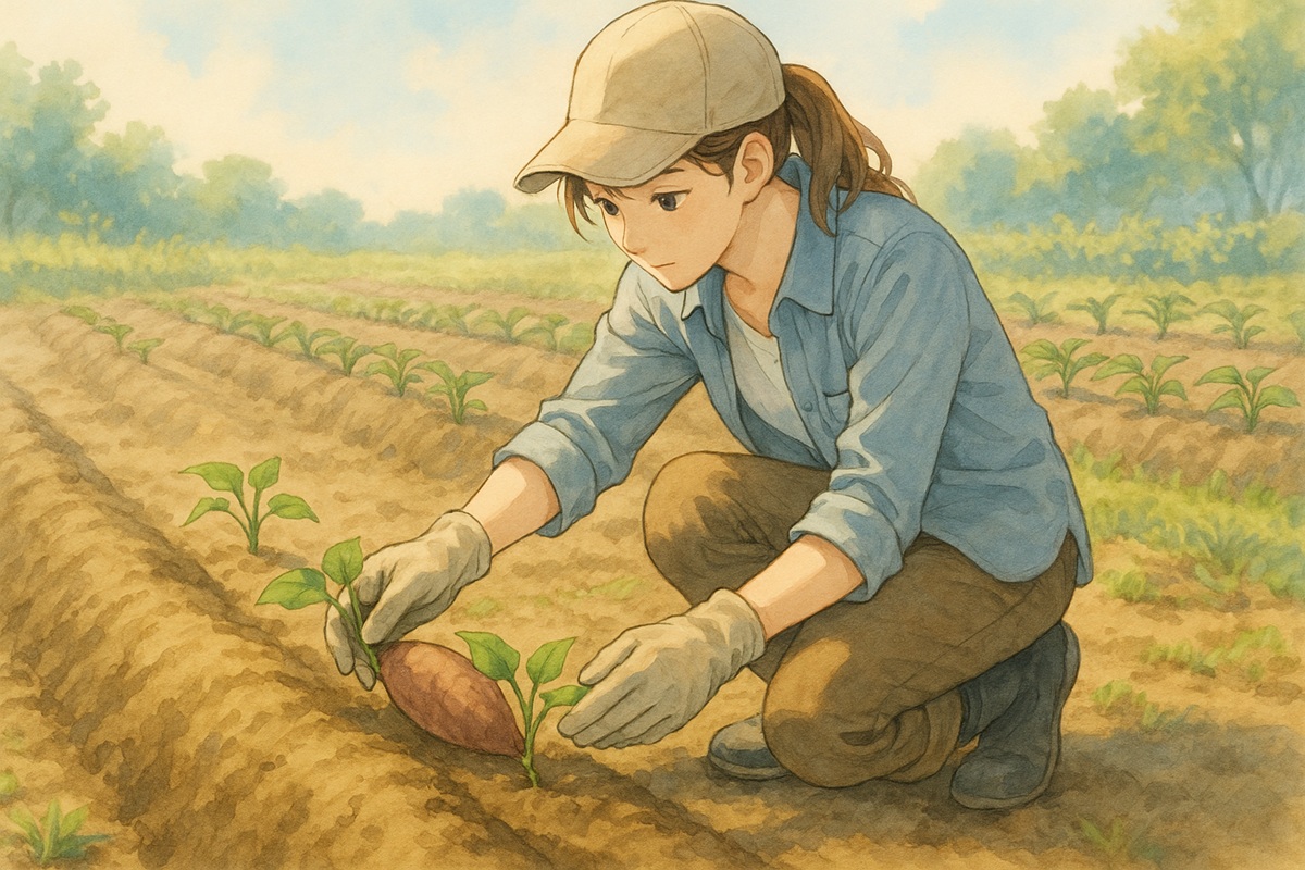 収穫が増えるさつまいもの苗の植え方：水平植え