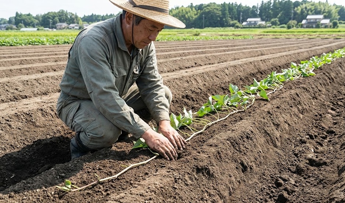 丸いサツマイモを作るための水平植えに適した条間の確保