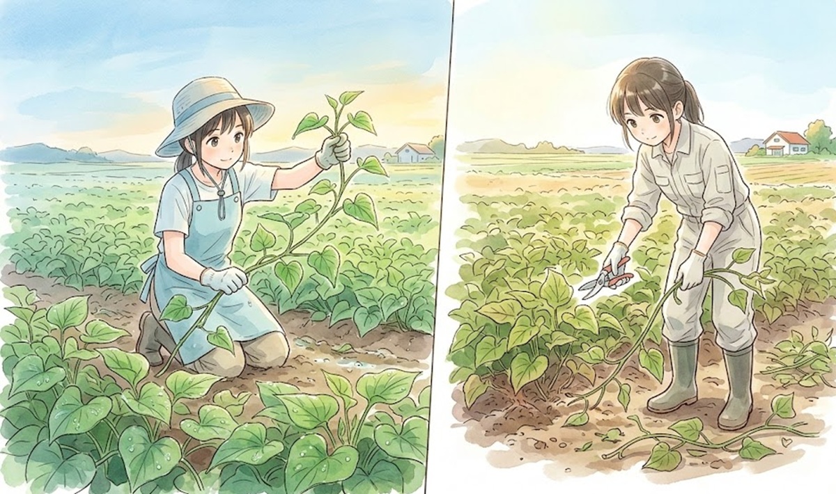 さつまいもの「生育中のつる返し」と「収穫前のつる切り」の違い