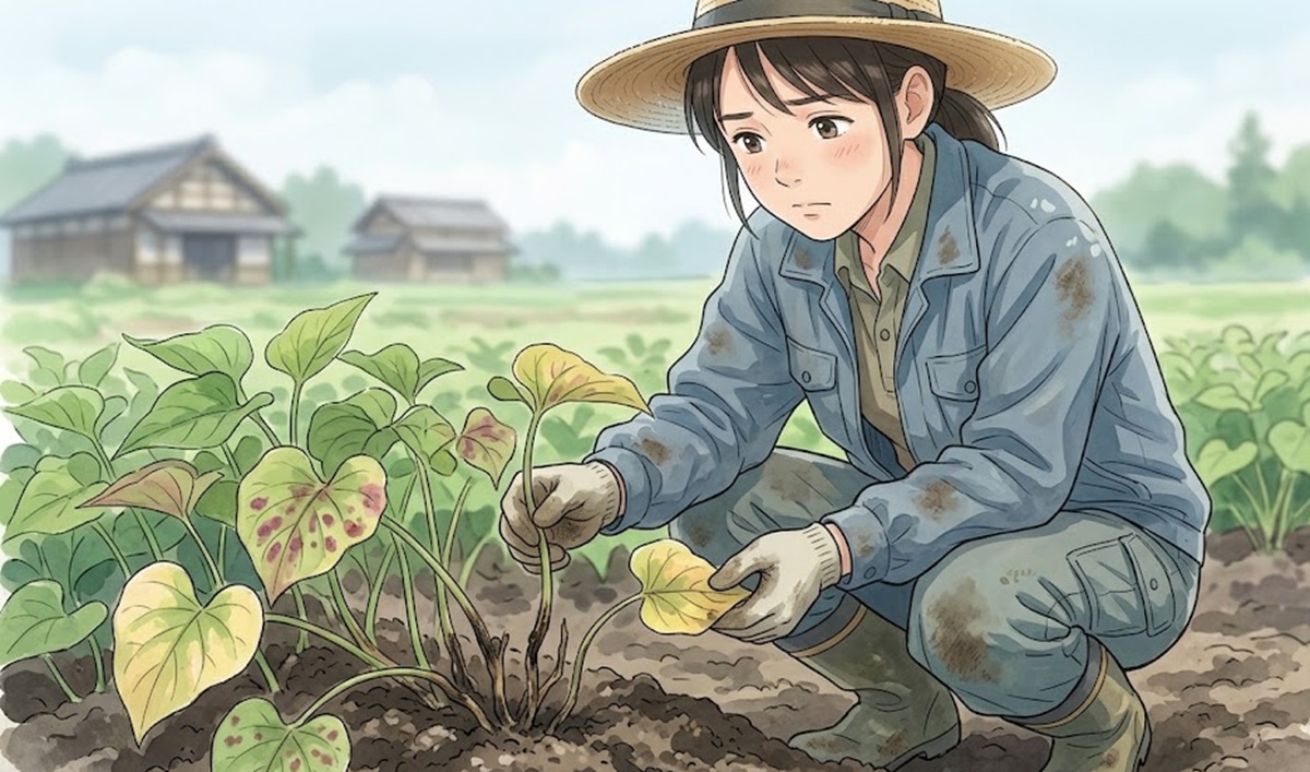 サツマイモの葉の変色は肥料不足か基腐病を疑う